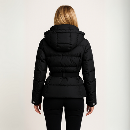 Warm Women's Black Puffer Coat with Belted Waist