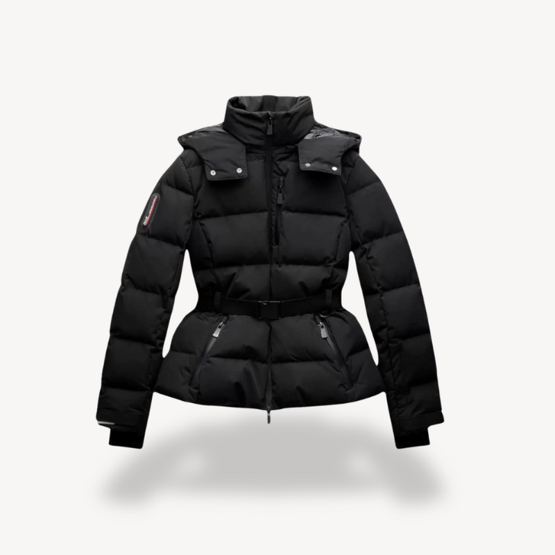 Warm Women's Black Puffer Coat with Belted Waist