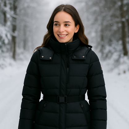 Ladies Warm Padded Down Jacket with Waist Belt