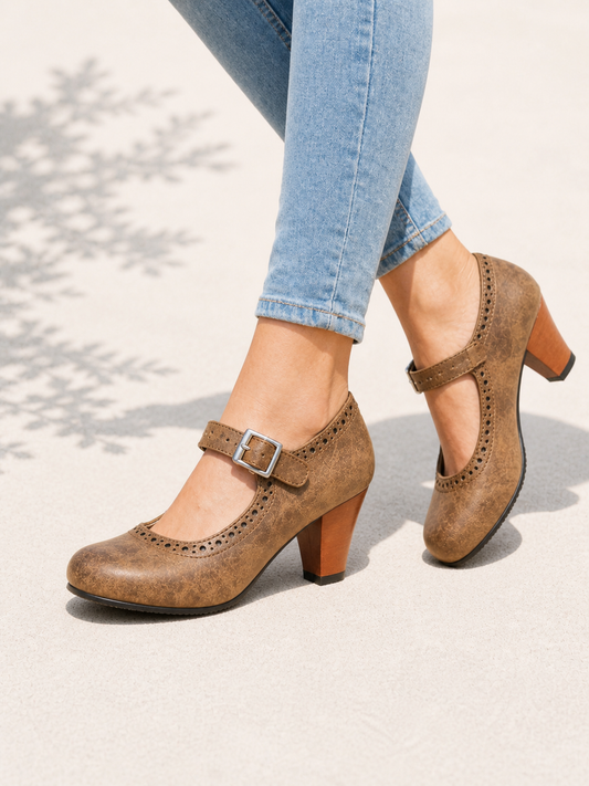 Women's Classic Leather Block Heel Mary Jane Shoes