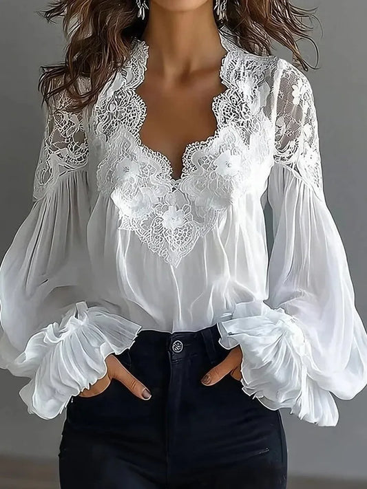 Women's Elegant Lace Spliced Lantern Sleeve Blouse