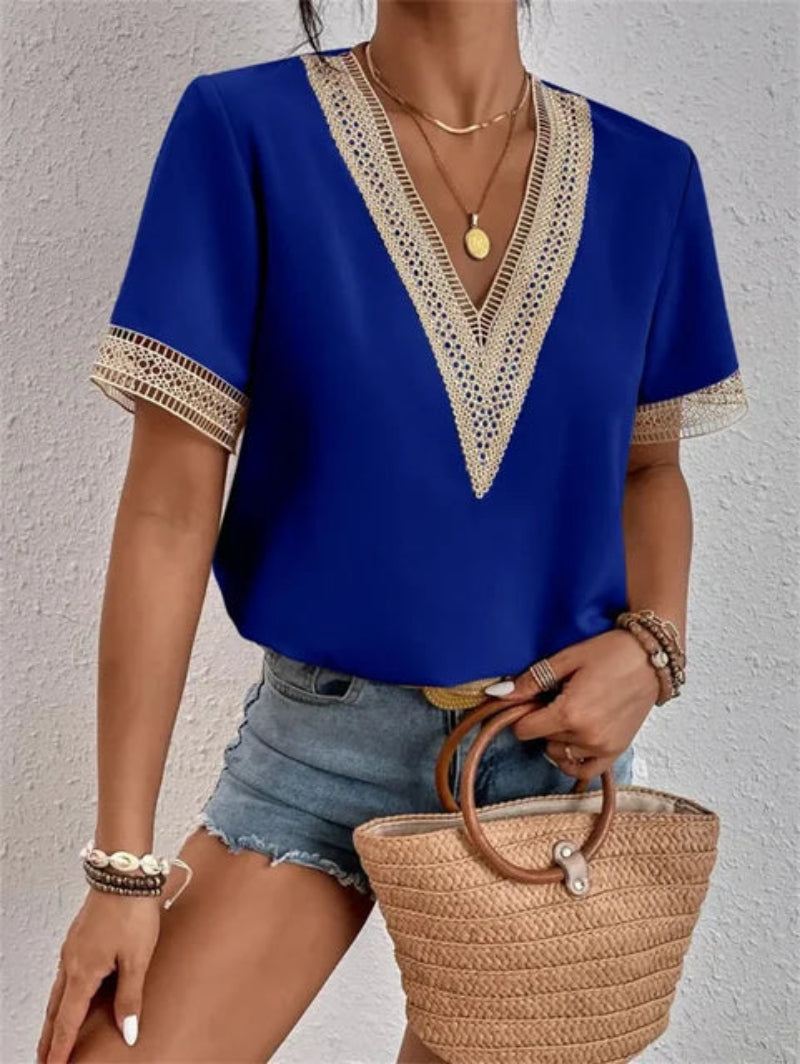 Chic V-Neck Blouse with Pretty Lace Details