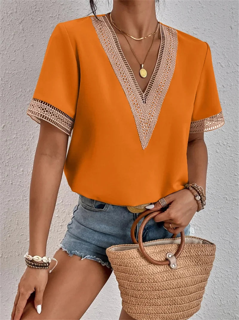 Chic V-Neck Blouse with Pretty Lace Details