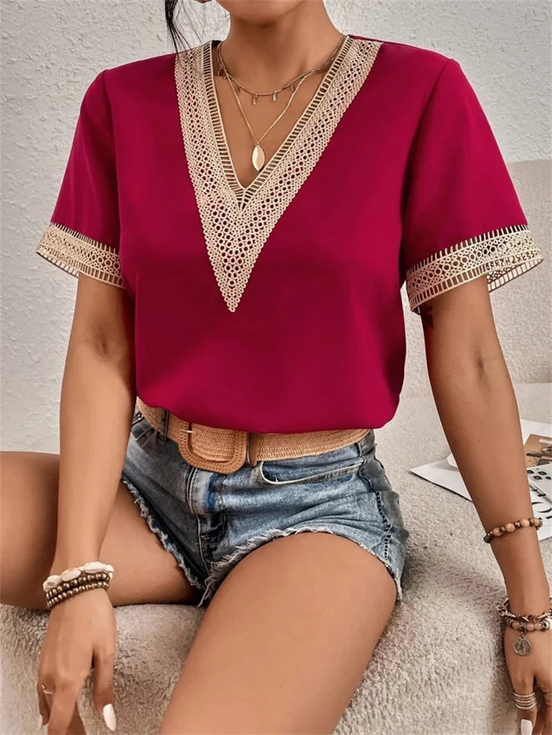 Chic V-Neck Blouse with Pretty Lace Details