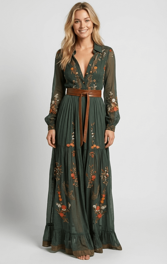 Women's Boho Cotton Maxi Dress with Long Sleeves and Defined Waist