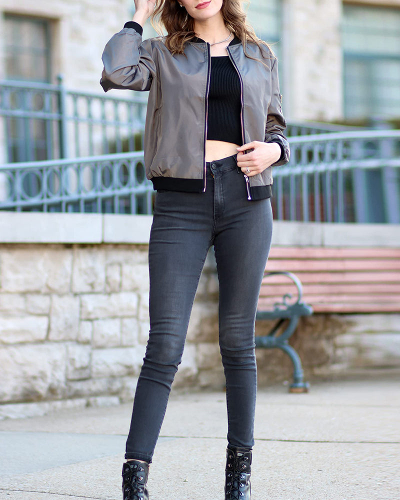 Women's Casual Zip Up Fall Jacket with Ribbed Cuff