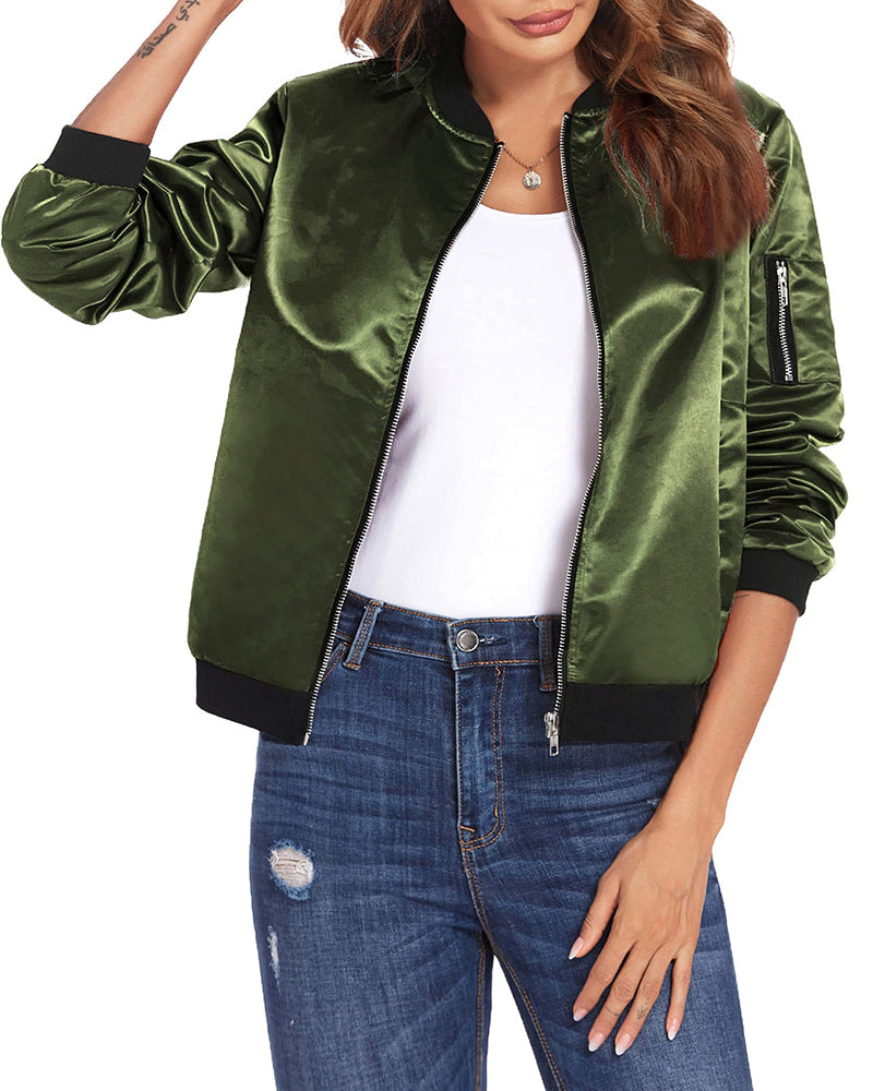 Women's Casual Zip Up Fall Jacket with Ribbed Cuff