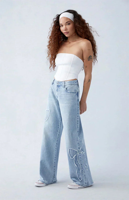 Women's Stylish Denim Jeans with Bow Detail