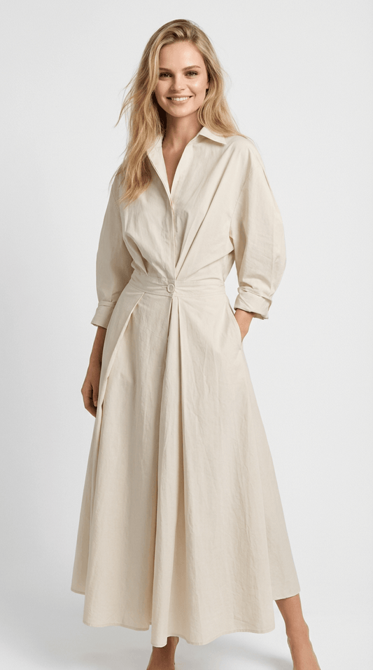 Women's Classic Button Front Midi Dress with Pleated Skirt