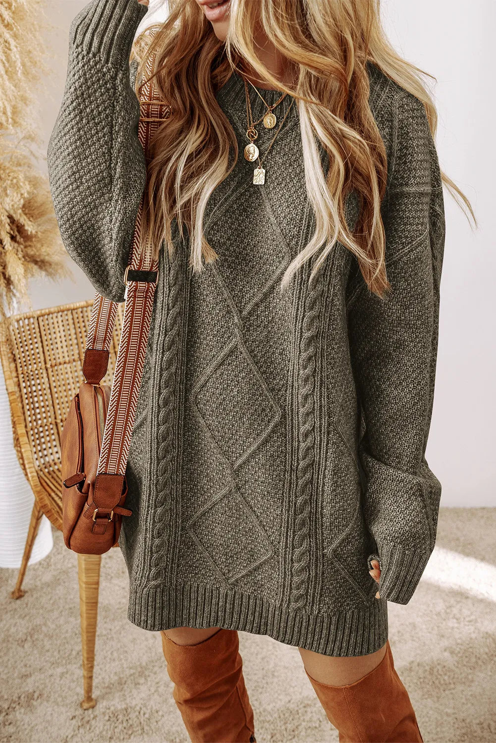 Women's Cozy Cable Knit Crew Neck Sweater Dress