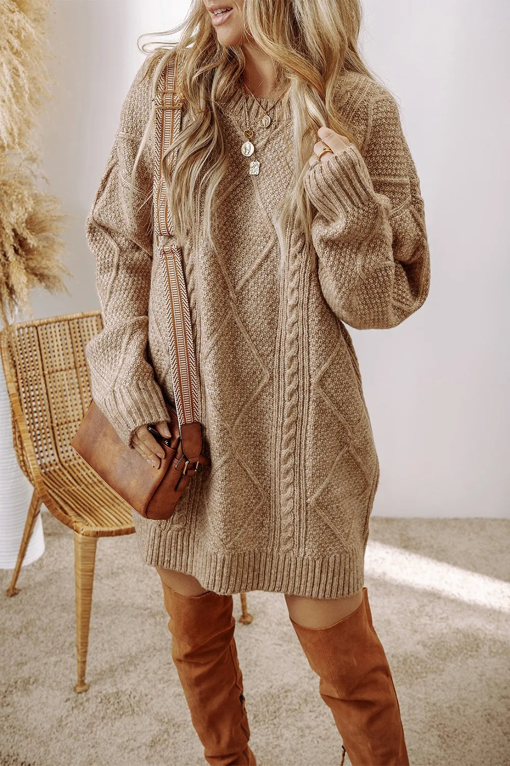 Women's Cozy Cable Knit Crew Neck Sweater Dress
