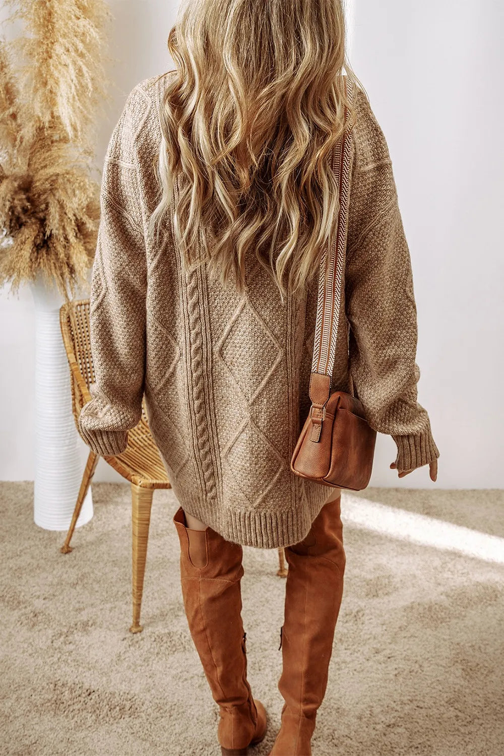 Women's Cozy Cable Knit Crew Neck Sweater Dress