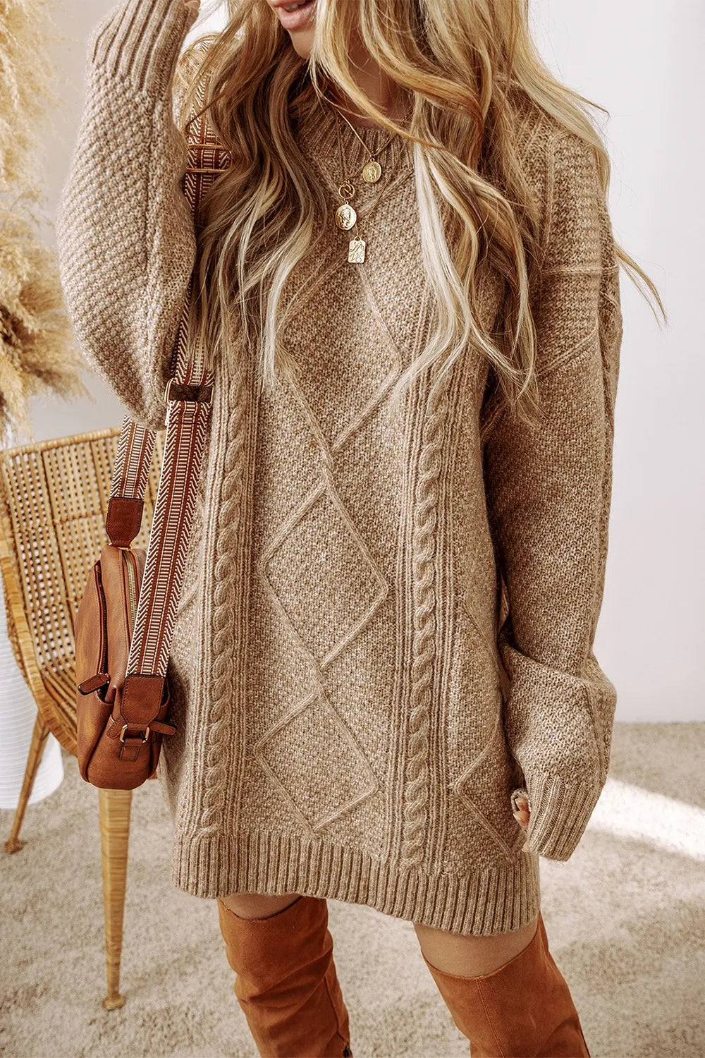 Women's Cozy Cable Knit Crew Neck Sweater Dress