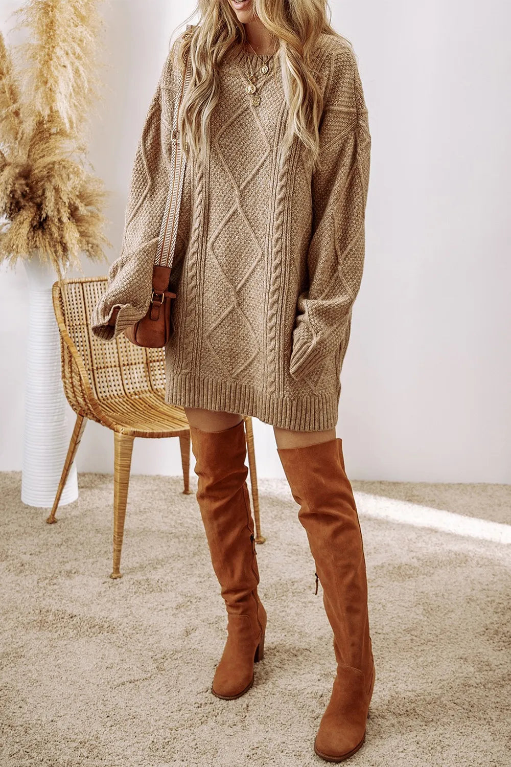 Women's Cozy Cable Knit Crew Neck Sweater Dress