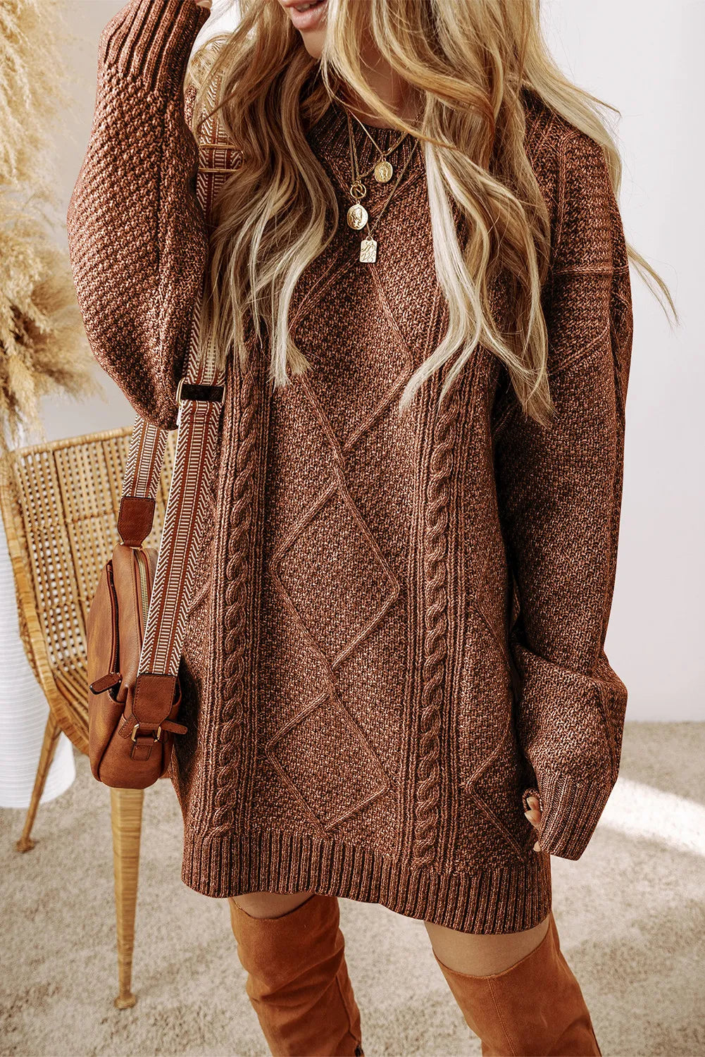 Women's Cozy Cable Knit Crew Neck Sweater Dress
