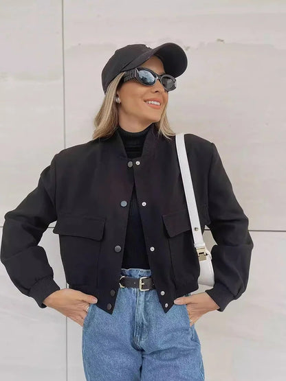 Women's Relaxed Fit Fall Bomber Jacket with Button Front