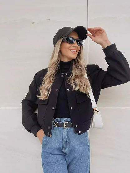 Women's Relaxed Fit Fall Bomber Jacket with Button Front