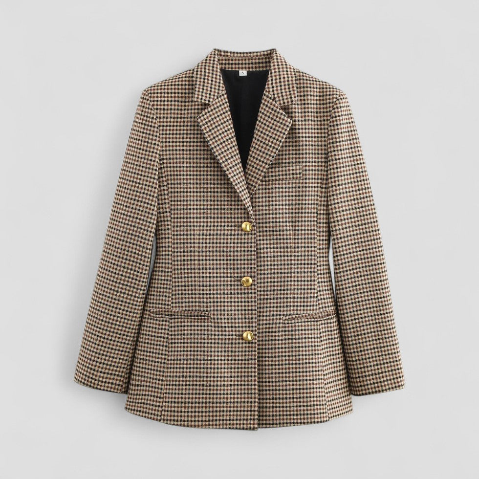 Classic Plaid Ladies Jacket with Metal Buttons - OutfitLondon