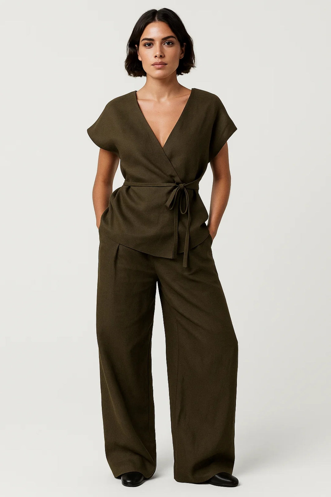 Women's Stylish Wrap Top and Wide Leg Pants Co-Ord Set