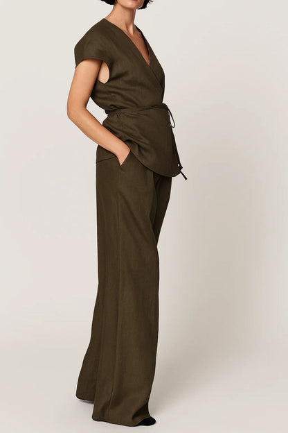 Women's Stylish Wrap Top and Wide Leg Pants Co-Ord Set
