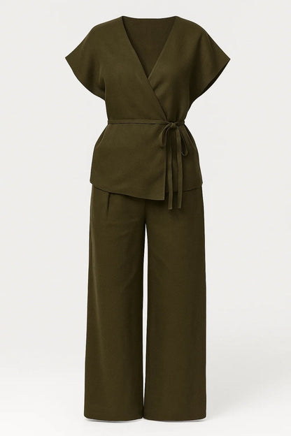 Women's Stylish Wrap Top and Wide Leg Pants Co-Ord Set