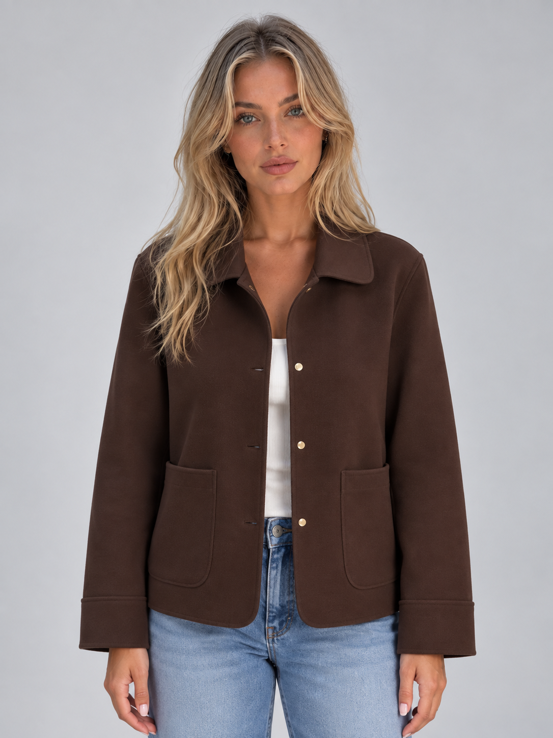 Women's Casual Cotton Collared Button-Up Overshirt Jacket with Patch