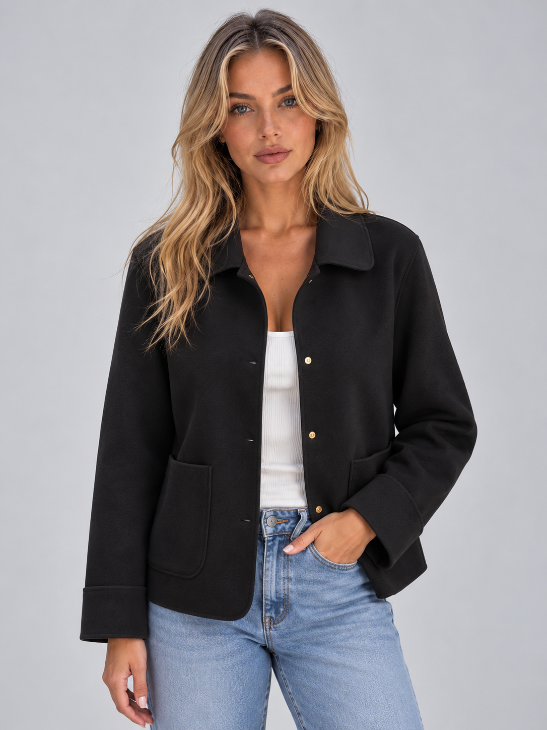 Women's Casual Cotton Collared Button-Up Overshirt Jacket with Patch
