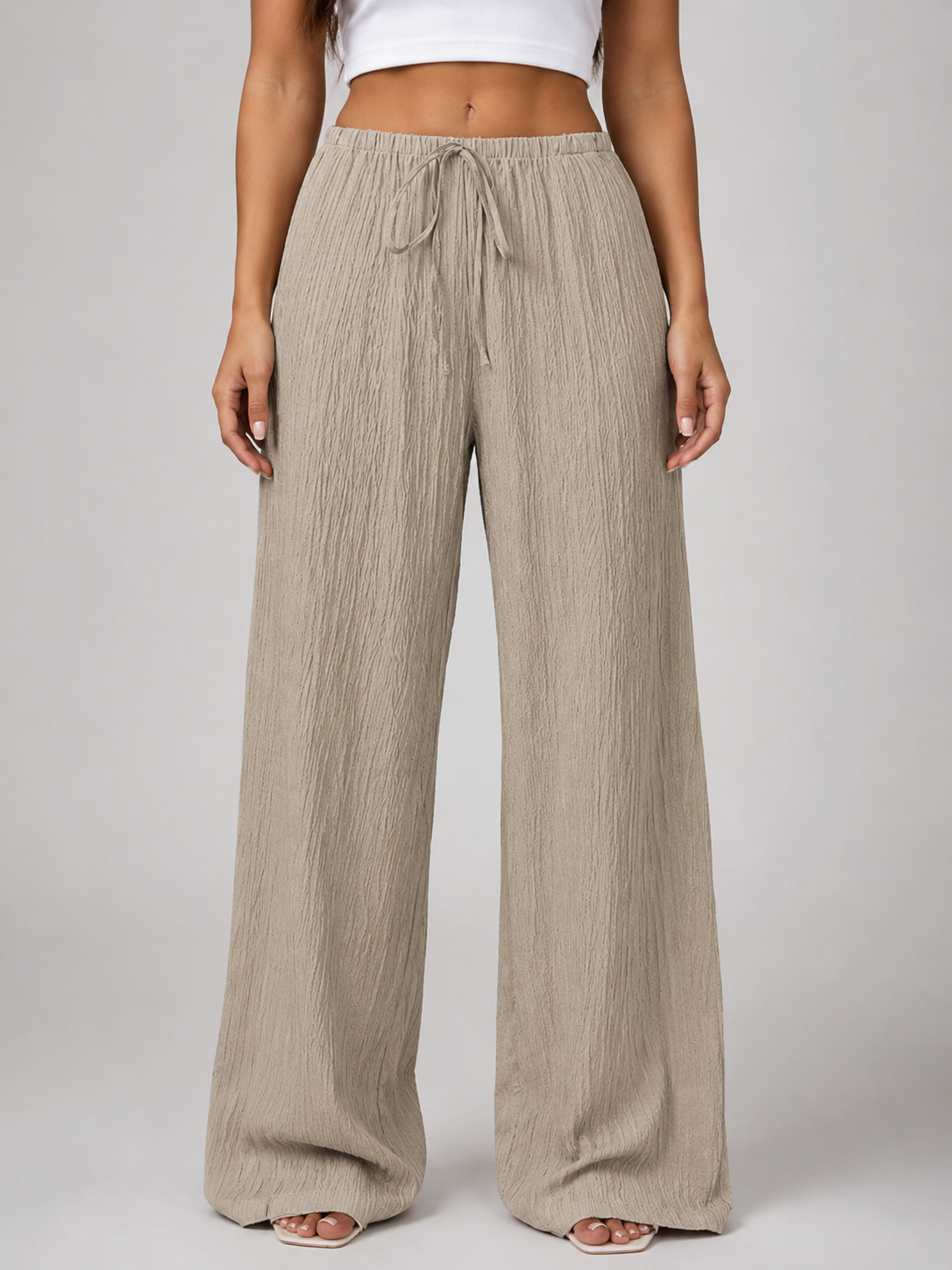 Women's Casual Crinkle Wide Leg Trousers with Drawstring Waist