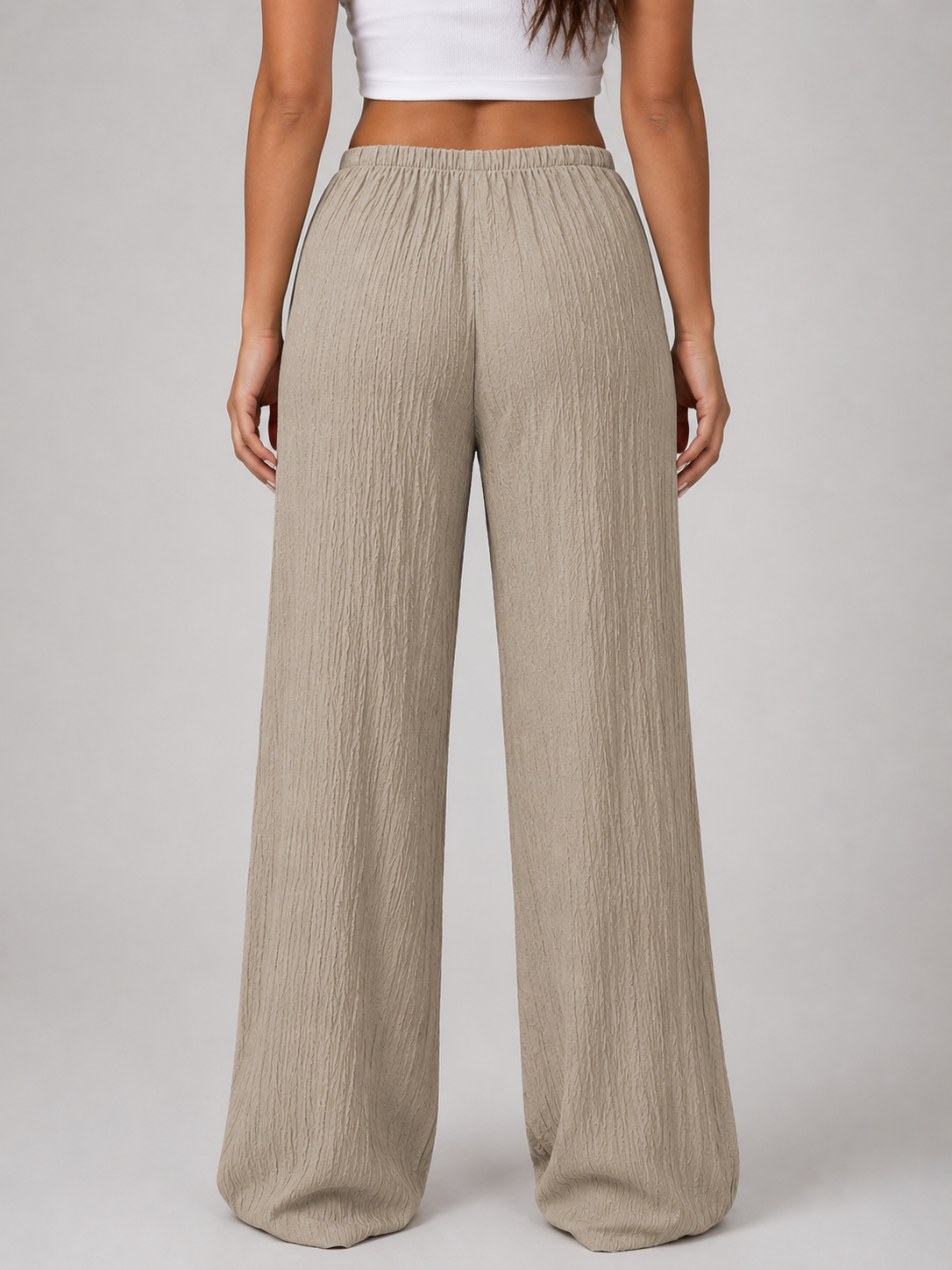 Women's Casual Crinkle Wide Leg Trousers with Drawstring Waist
