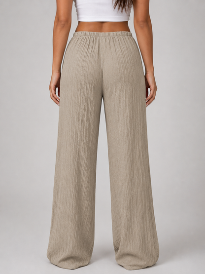 Women's Casual Crinkle Wide Leg Trousers with Drawstring Waist