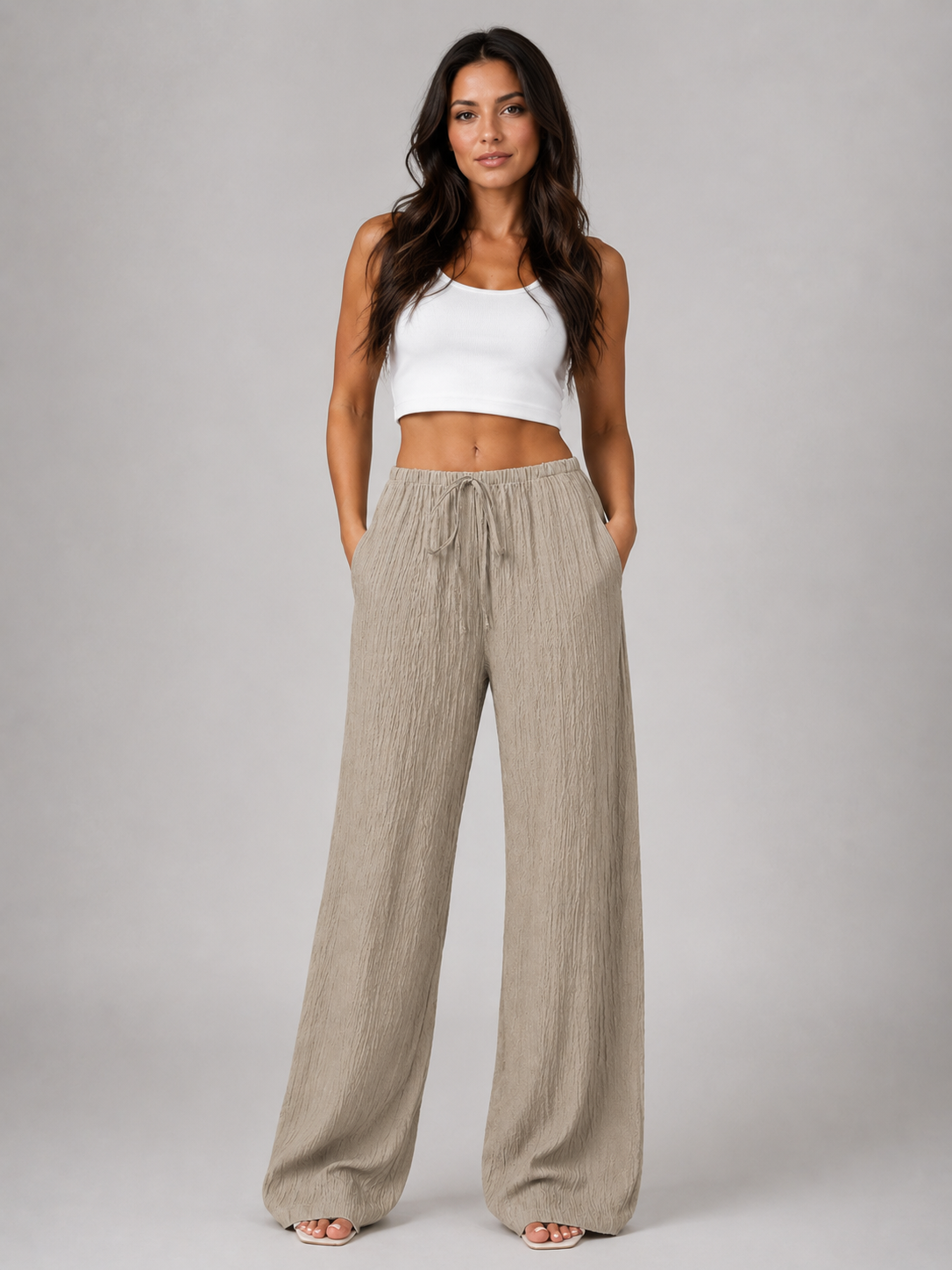 Women's Casual Crinkle Wide Leg Trousers with Drawstring Waist
