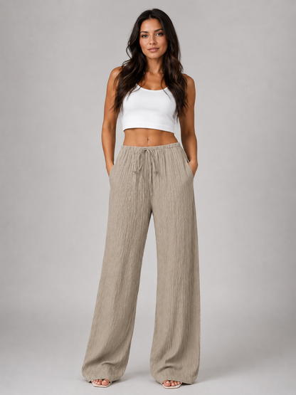 Women's Casual Crinkle Wide Leg Trousers with Drawstring Waist