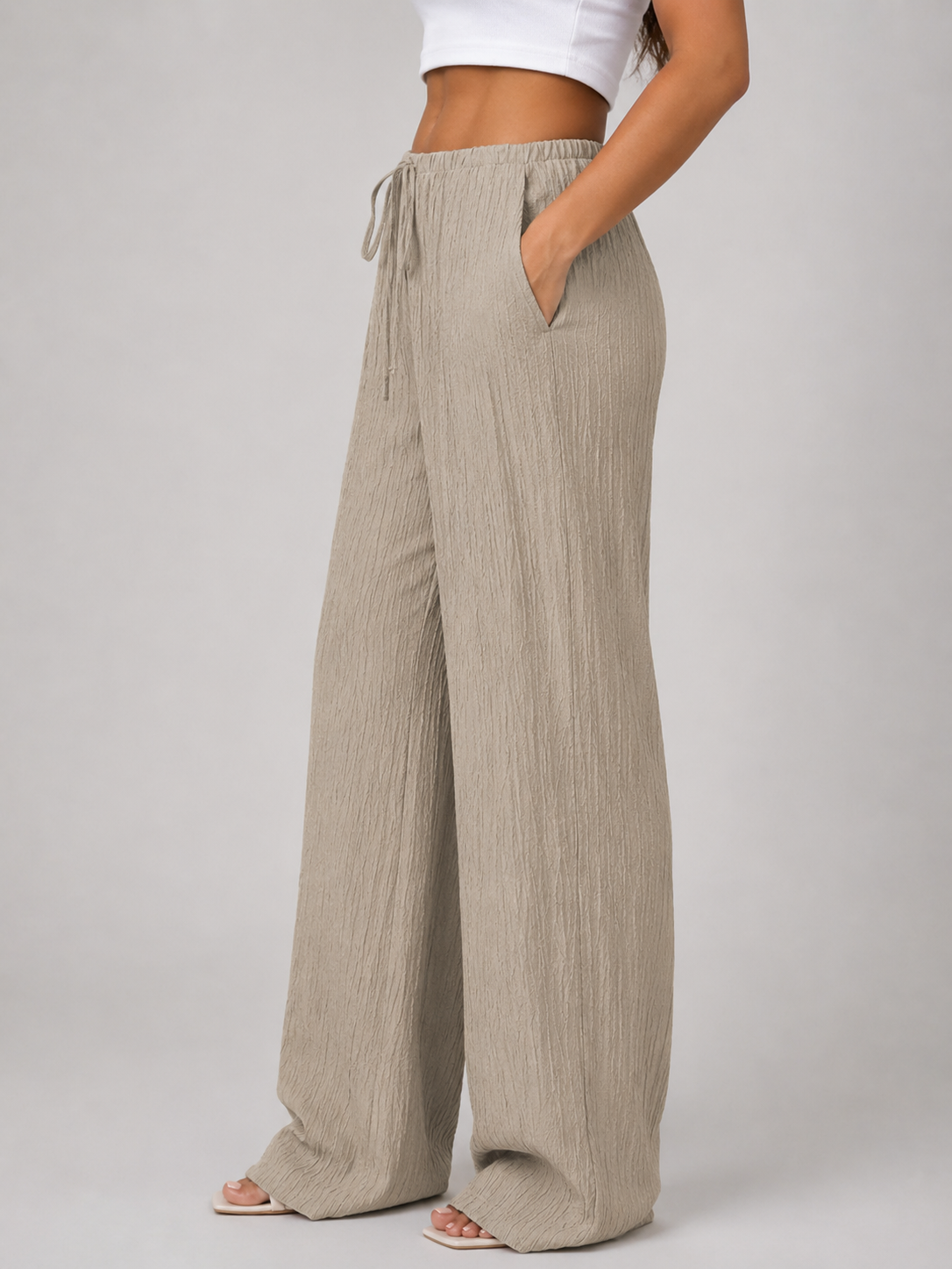 Women's Casual Crinkle Wide Leg Trousers with Drawstring Waist