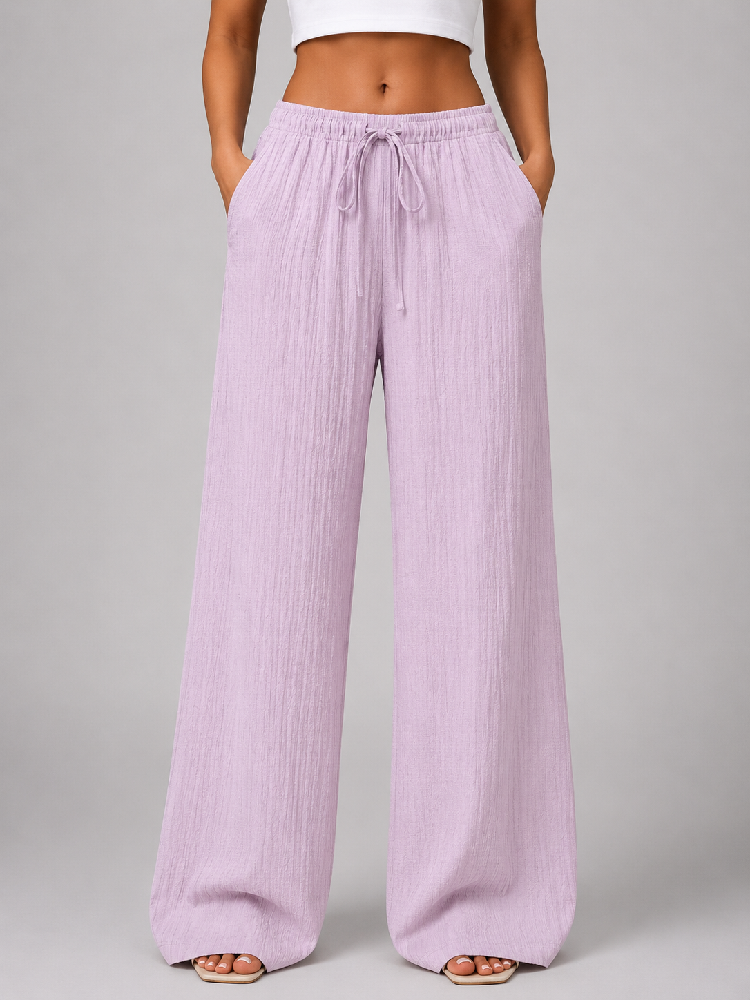 Women's Casual Crinkle Wide Leg Trousers with Drawstring Waist