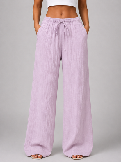 Women's Casual Crinkle Wide Leg Trousers with Drawstring Waist
