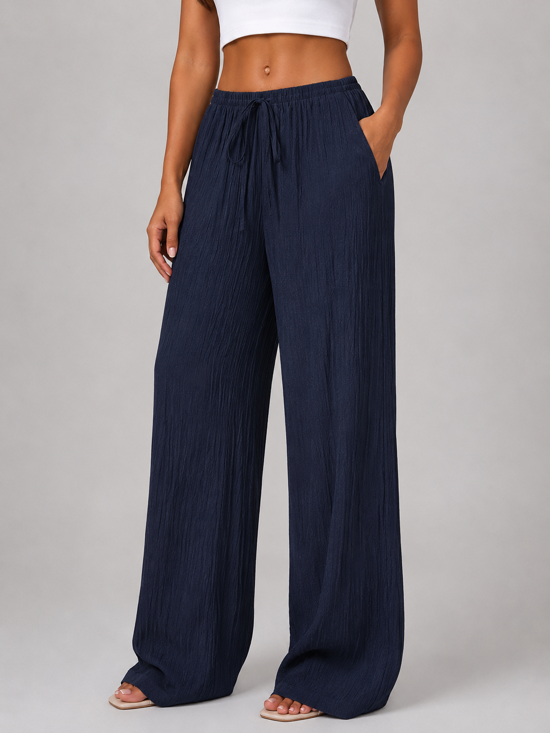 Women's Casual Crinkle Wide Leg Trousers with Drawstring Waist