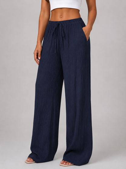 Women's Casual Crinkle Wide Leg Trousers with Drawstring Waist