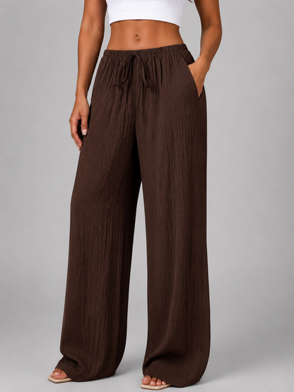 Women's Casual Crinkle Wide Leg Trousers with Drawstring Waist