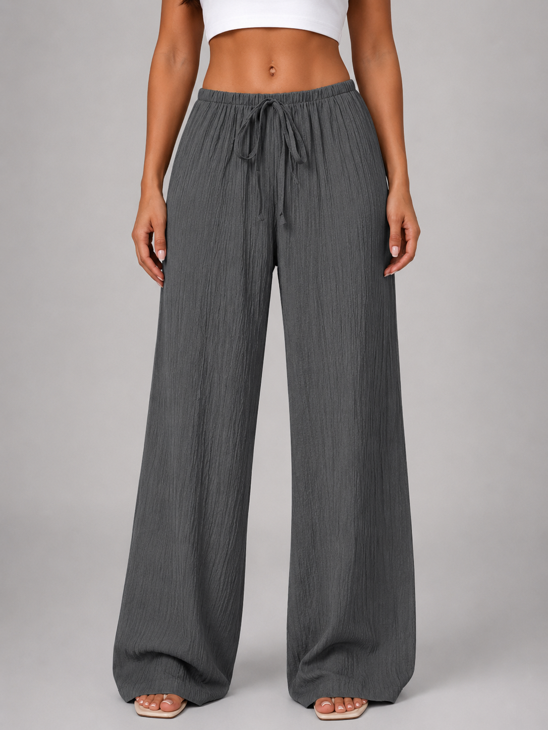 Women's Casual Crinkle Wide Leg Trousers with Drawstring Waist