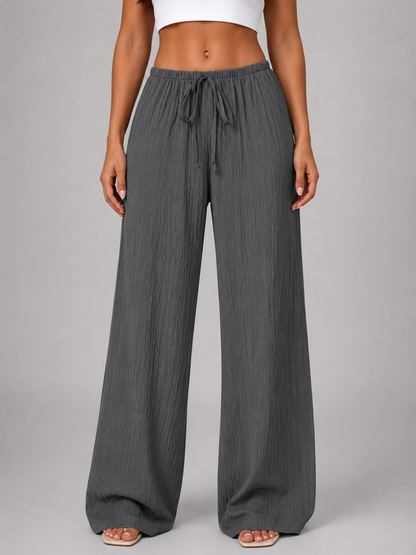 Women's Casual Crinkle Wide Leg Trousers with Drawstring Waist