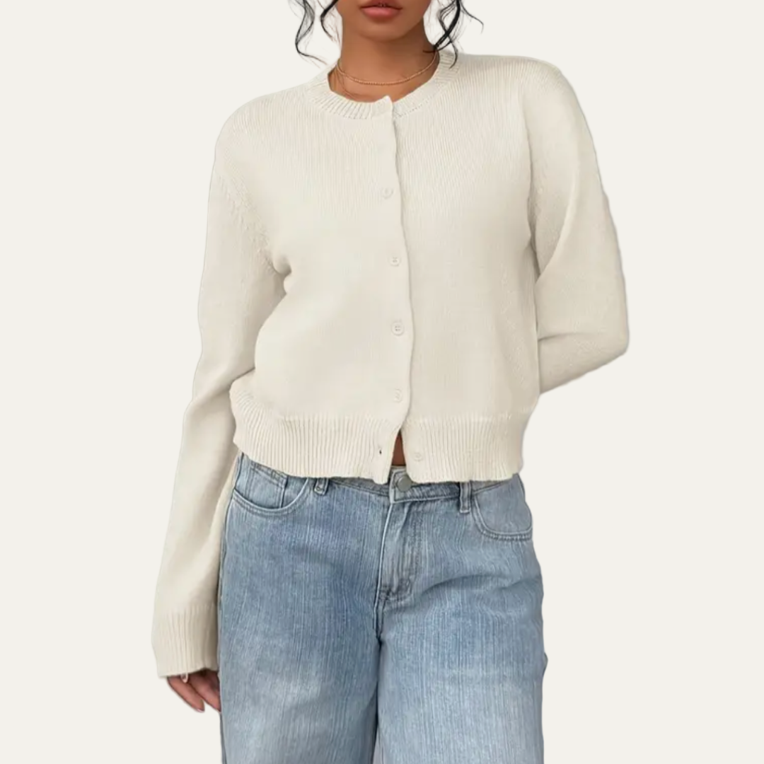 Women's Short Crew Neck Sweater Cardigan - OutfitLondon