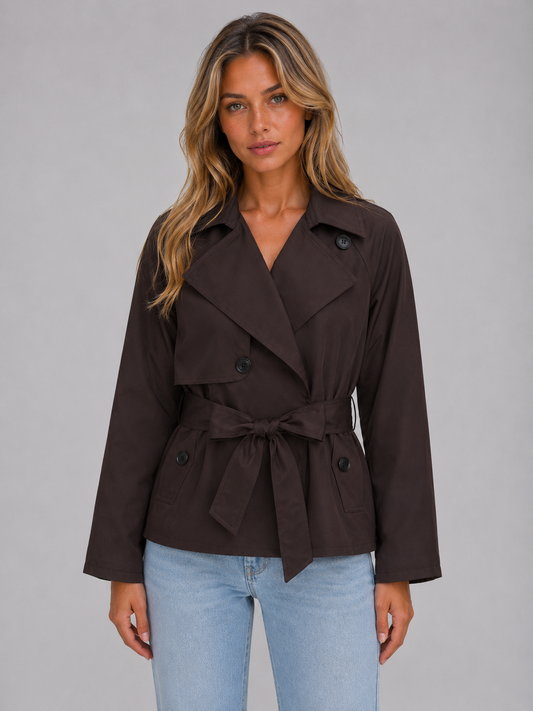 Women's Classic Double Breasted Tie Waist Cropped Trench Jacket