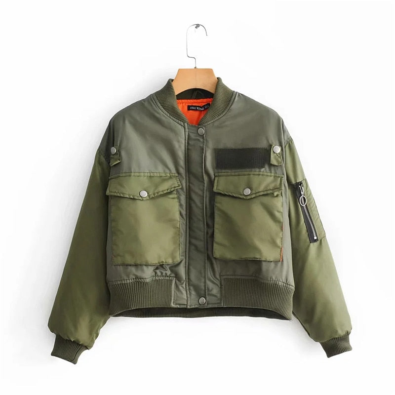Women's Short Puffer Bomber Jacket with Pocket Details - OutfitLondon