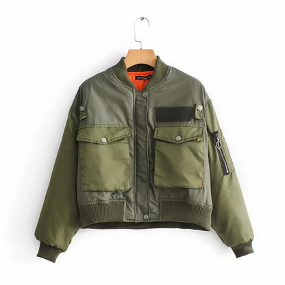 Women's Short Puffer Bomber Jacket with Pocket Details - OutfitLondon