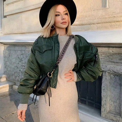 Women's Short Puffer Bomber Jacket with Pocket Details