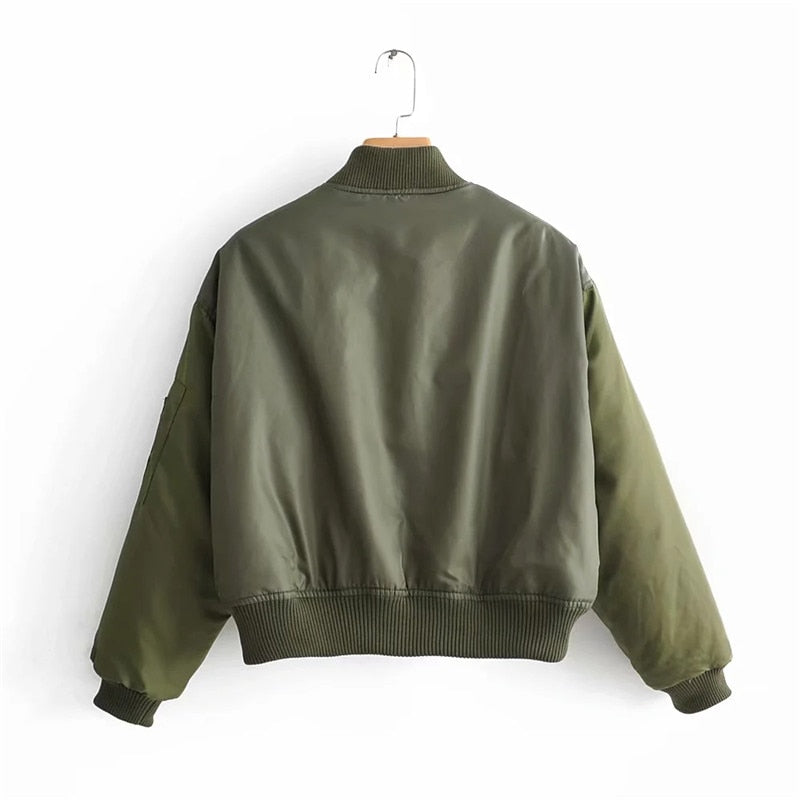 Women's Short Puffer Bomber Jacket with Pocket Details