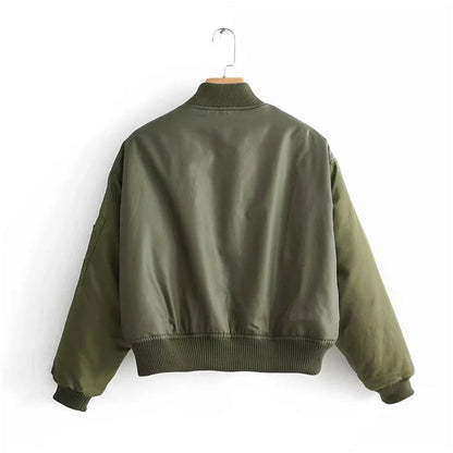 Women's Short Puffer Bomber Jacket with Pocket Details