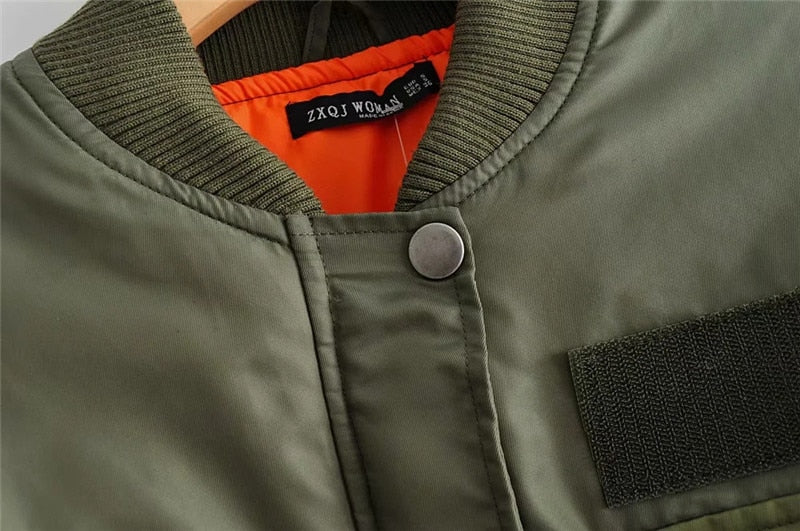 Women's Short Puffer Bomber Jacket with Pocket Details