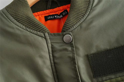 Women's Short Puffer Bomber Jacket with Pocket Details