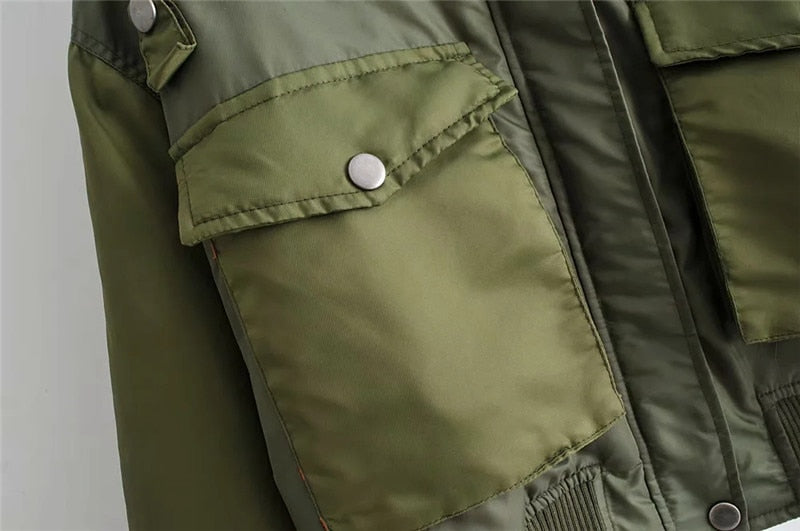 Women's Short Puffer Bomber Jacket with Pocket Details